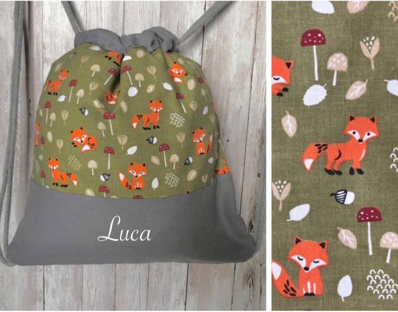 Kita-Kinderbeutel „Fuchs Und Pilze, Grün"/Kindergartenrucksack Turnbeutel von GUTgenaeht