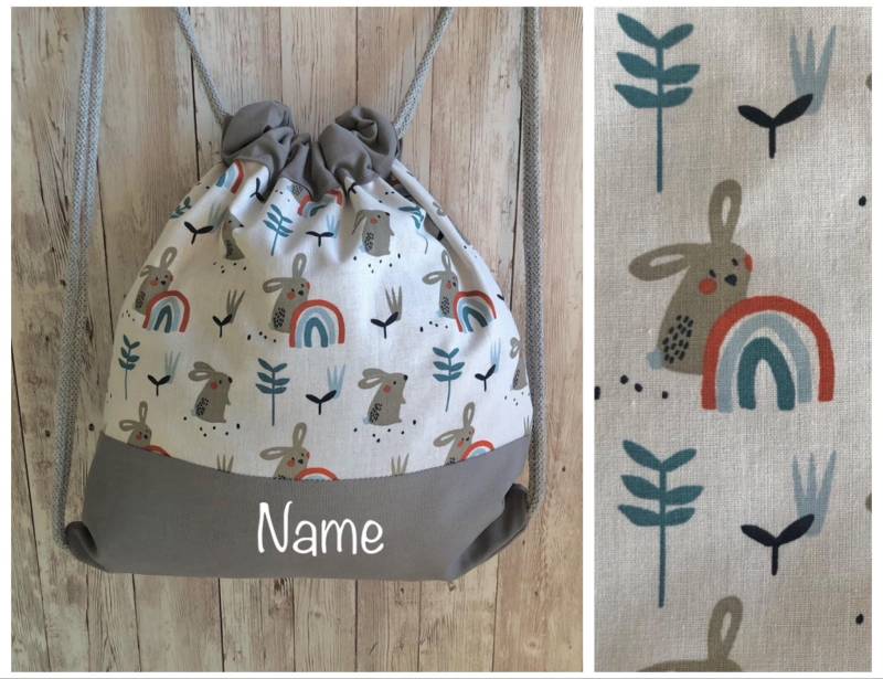 Kita-Kinderbeutel „Hase Mit Regenbogen"/Kindergartenrucksack Turnbeutel von GUTgenaeht