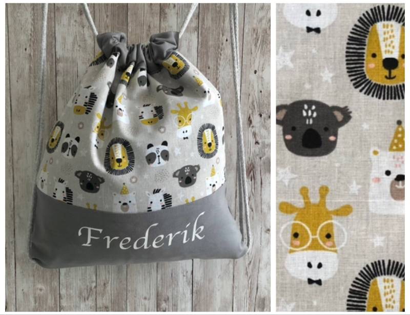 Kita-Kinderbeutel „Tiergesichter Grau"/Kindergartenrucksack Turnbeutel Wäschebeutel von GUTgenaeht