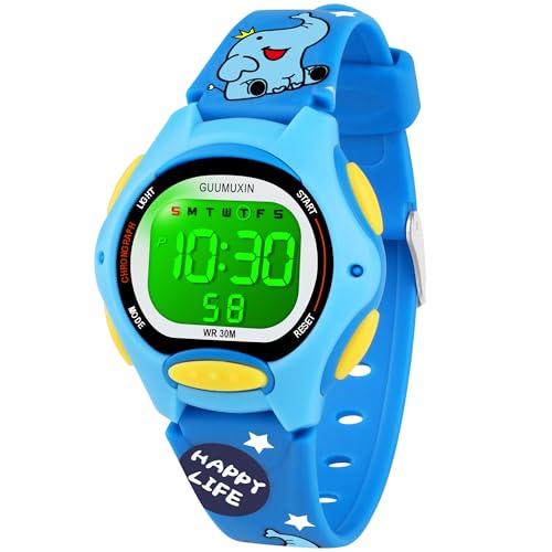 GUUMUXIN Armbanduhr Kinder,Kinderuhr mit Bedrucktem Armband und 7 Farbigen LED Lichtern,30M wasserdichte Digitale Kinderuhren für Jungen Mädchen 4-12 (Blau) von GUUMUXIN