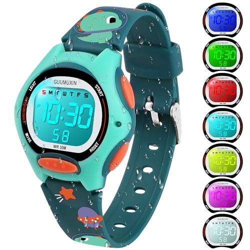GUUMUXIN Armbanduhr Kinder,Kinderuhr mit Bedrucktem Armband und 7 Farbigen LED Lichtern,30M wasserdichte Digitale Kinderuhren für Jungen Mädchen 4-12 (Grün) von GUUMUXIN