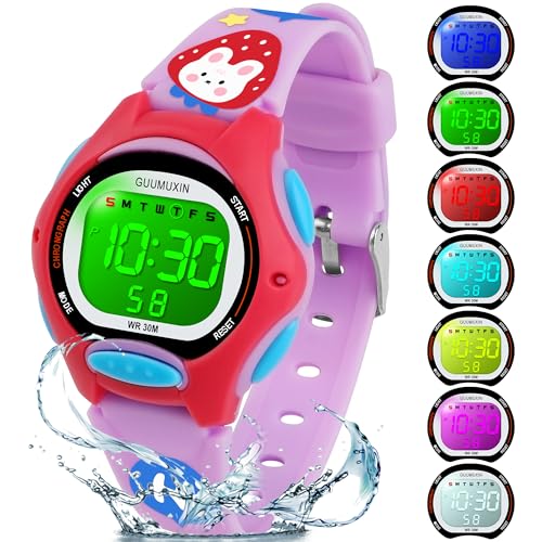 GUUMUXIN Armbanduhr Kinder,Kinderuhr mit Bedrucktem Armband und 7 Farbigen LED Lichtern,30M wasserdichte Digitale Kinderuhren für Jungen Mädchen 4-12 (Lila) von GUUMUXIN
