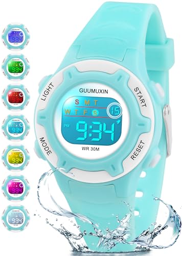 GUUMUXIN Digitale Kinderuhr, Kinder Sportuhr mit 7 Farbigem Indikatorlicht, Acryl-Uhrenscreen, 3 ATM Wasserdicht, Band Armbanduhr für Mädchen Jungen 6-16 Jahre von GUUMUXIN
