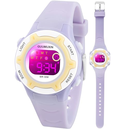 GUUMUXIN Digitale Kinderuhr, Kinder Sportuhr mit 7 Farbigem Indikatorlicht, Acryl-Uhrenscreen, 3 ATM Wasserdicht, Band Armbanduhr für Mädchen Jungen 6-16 Jahre von GUUMUXIN