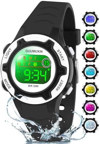 GUUMUXIN Digitale Kinderuhr, Kinder Sportuhr mit 7 Farbigem Indikatorlicht, Acryl-Uhrenscreen, 3 ATM Wasserdicht, Band Armbanduhr für Mädchen Jungen 6-16 Jahre von GUUMUXIN