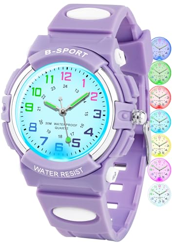 GUUMUXIN Analoge Kinderuhr mit Bunten Lichtern für Jungen und Mädchen, 30M wasserdichte Lernuhr TPU Armband Outdoor Sportuhr für 5-16 Jahre von GUUMUXIN