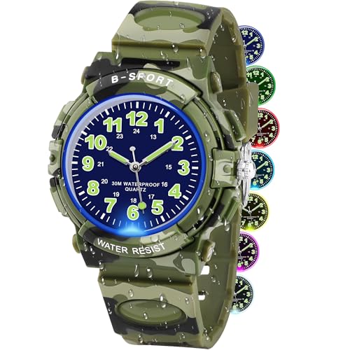 GUUMUXIN Analoge Kinderuhr mit Bunten Lichtern für Jungen und Mädchen, 30M wasserdichte Lernuhr TPU Armband Outdoor Sportuhr für 5-16 Jahre von GUUMUXIN