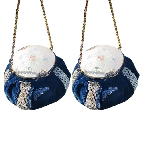 1930er VaLity -Geldbeutel kompakt, Blauer Samt -Vintage Art Deco Make -up -Hülle, eleganter kosmetischer Organizer mit Spiegel und glänzendem Metallpulver Innengehäuse, Kreis Handtasche (2pcs) von GUUZETU
