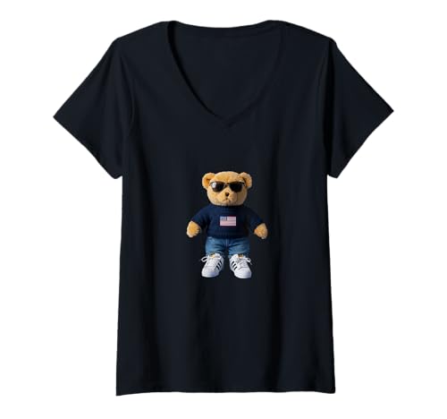 Damen Cooler Teddybär für Jungen und Mädchen T-Shirt mit V-Ausschnitt von GUV TRADE