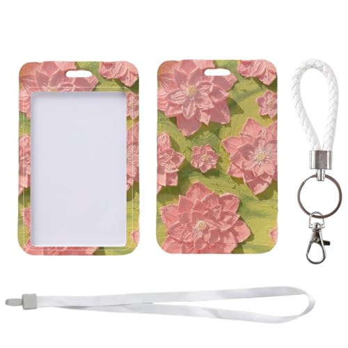 2 Stück Ausweishalter mit Blumenmuster, verschiebbare Kunststoffbox mit Blumenmuster, Karabiner und abnehmbarem Umhängebandschutz für Ordner, Busfahrkarten, Kreditkarten von GUVYATI
