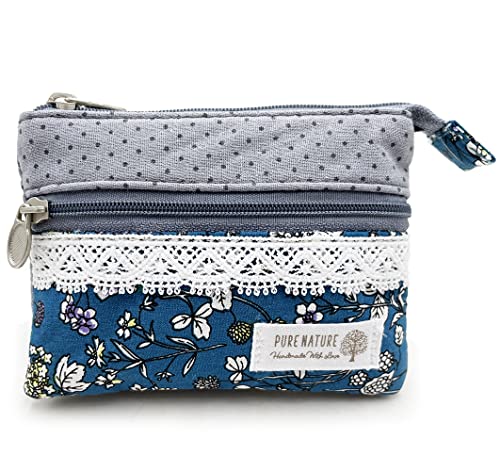 GUXL Kleine Geldbörse für Damen, mit Reißverschluss, handgefertigt, Stoff, Blumenstickerei, Kleingeldtasche, Baumwolle, Doppelreißverschluss, Graublau, 3.5"x4.8", 206 Stück GUXL Kleine Geldbörse für Damen, mit Reißverschluss, handgefertigt, Stoff, Blumenstickerei, Kleingeldtasche, Baumwolle, Doppelreißverschluss, Graublau, 3.5"x4.8", 206 Stück von GUXL