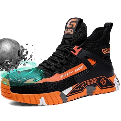 Stahlkappenschuhe für Herren, Arbeitssicherheitsschuhe, Industrie-Bauschuhe, mittelhoher Schnitt, Industriestiefel, Arbeits-Sneaker, bequem, leicht, Sicherheitsschuhe für die Arbeit, 0296re-orange von GUYISASH