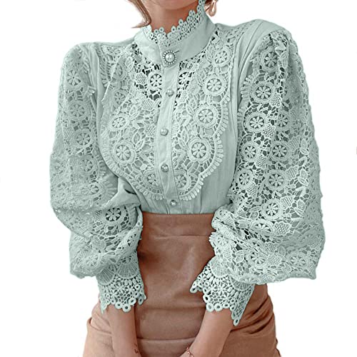 Damen Stehkragen Spitze Patchwork Shirts Casual Hollow Out Blume Blütenblatt Ärmel Knöpfe Tops, Grün , 3X-Groß Damen Stehkragen Spitze Patchwork Shirts Casual Hollow Out Blume Blütenblatt Ärmel Knöpfe Tops, Grün , 3X-Groß von GUYUEQIQIN