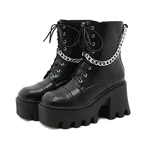 Damen Stiefel Goth Punk Style Mode Schnalle Plateau Keile Stiefel Ritterstiefel Klobiger Absatz Lederstiefel Frauen Plateau Schwarz Winterstiefel Partyschuhe mit Reißverschluss von GVGV