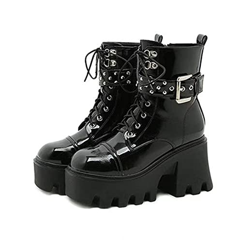 Damen Stiefel Goth Punk Style Mode Schnalle Plateau Keile Stiefel Ritterstiefel Klobiger Absatz Lederstiefel Frauen Plateau Schwarz Winterstiefel Partyschuhe mit Reißverschluss von GVGV