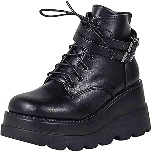 Damen Stiefel Goth Punk Style Mode Schnalle Plateau Keile Stiefel Ritterstiefel Klobiger Absatz Lederstiefel Frauen Plateau Schwarz Winterstiefel Partyschuhe mit Reißverschluss von GVGV