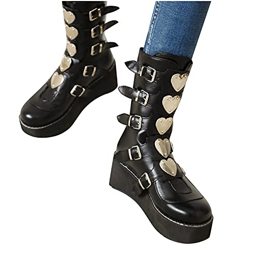 Kniehohe Stiefel für Frauen Kniehohe Goth Punk Style Mode Schnalle Plateau Keile Stiefel Freizeit Runde Zehe Reißverschluss Mittlere Wadenstiefel Plateau Partyschuhe von GVGV