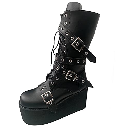 Kniehohe Stiefel für Frauen Kniehohe Goth Punk Style Mode Schnalle Plateau Keile Stiefel Freizeit Runde Zehe Reißverschluss Mittlere Wadenstiefel Plateau Partyschuhe von GVGV