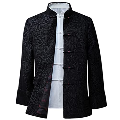 GVILTY Chinesisch traditionelle Langarm Tang Anzug Hanfu für Männer, Stickerei Kung Fu Kleidung Tops Traditioneller alter Kostüm Kampfkunstanzug Taichi Jacke Hemd black-3XL von GVILTY