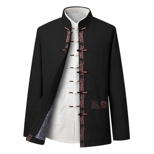 GVILTY Chinesisch traditionelle Langarm Tang Anzug Hanfu für Männer, Stickerei Kung Fu Kleidung Tops Traditioneller alter Kostüm Kampfkunstanzug Taichi Jacke Hemd black-4XL von GVILTY