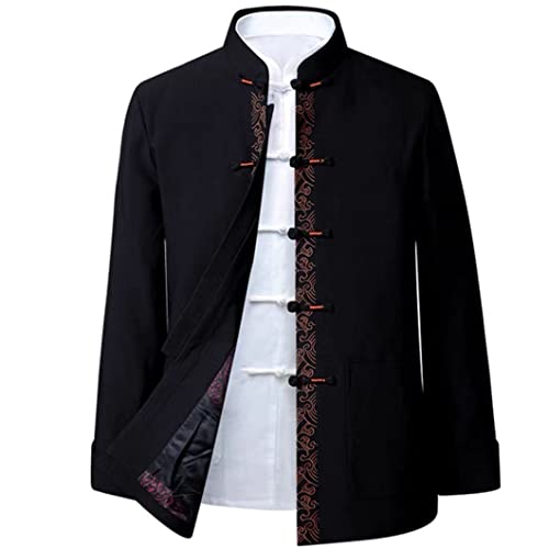 GVILTY Chinesisch traditionelle Langarm Tang Anzug Hanfu für Männer, Stickerei Kung Fu Kleidung Tops Traditioneller alter Kostüm Kampfkunstanzug Taichi Jacke Hemd black-5XL von GVILTY