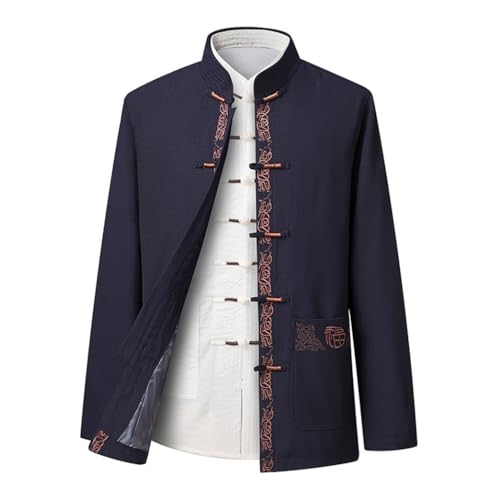 GVILTY Chinesisch traditionelle Langarm Tang Anzug Hanfu für Männer, Stickerei Kung Fu Kleidung Tops Traditioneller alter Kostüm Kampfkunstanzug Taichi Jacke Hemd blue-4XL von GVILTY