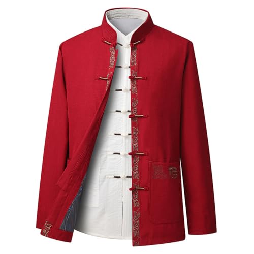 GVILTY Chinesisch traditionelle Langarm Tang Anzug Hanfu für Männer, Stickerei Kung Fu Kleidung Tops Traditioneller alter Kostüm Kampfkunstanzug Taichi Jacke Hemd red-3XL von GVILTY