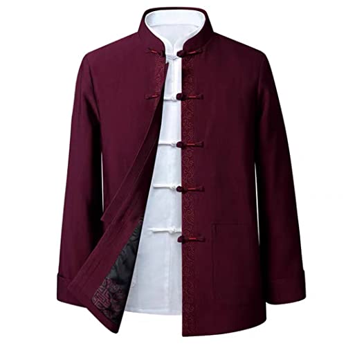 GVILTY Chinesisch traditionelle Langarm Tang Anzug Hanfu für Männer, Stickerei Kung Fu Kleidung Tops Traditioneller alter Kostüm Kampfkunstanzug Taichi Jacke Hemd red-3XL von GVILTY