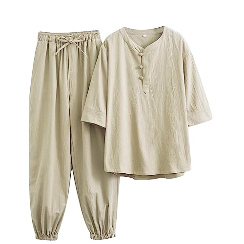 GVILTY Frauen Chinese Kung fu Uniform Baumwolle Wäsche Kampfkünste Set Kurzarmhose Zen Meditation Uniform Tai Chi Kleidung Mantel, Tang Anzug chinesische traditionelle Klei yellow-L von GVILTY