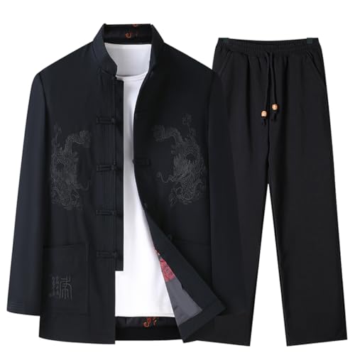 GVILTY Männer Kampfkunst Kung Fu Langarm -Hemd Tang Anzug mit Drachen, Tai Chi Uniform Männer chinesische traditionelle Tücher Kleidung Kleidungshosen Mantel Tops black-M von GVILTY