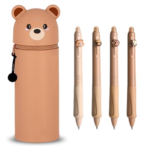 Kawaii Federmäppchen Bär + 4pcs Löschbare einziehbare Stifte,Mäppchen,Federmäppchen Reißverschluss,Stand up Federmäppchen,2-in-1 Weiche Silikontasche,Stifte Mäppchen,Large Capacity Pencil Case von GVMJHYK