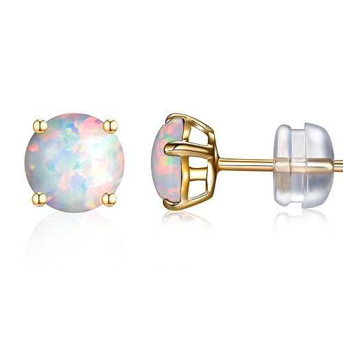 GW Goldene Ohrringe Damen Blauer Opal Schmuck Ohrstecker Gold 6MM Runde Opal Stecker Damenohrringe Earrings für Frauen Jubiläum Hochzeit, Geschenke für Frauen Geburtstag (Weiß-14K) von GW