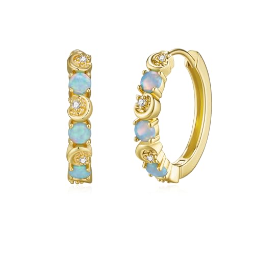 GW Damen Ohrringe Gold Creolen Goldene 18mm 18K Vergoldet mit Blauem Opal Stein Opal Schmuck für Frauen Jeden Tag Tragen und für Mama Beste Freundin Geburtstag von GW