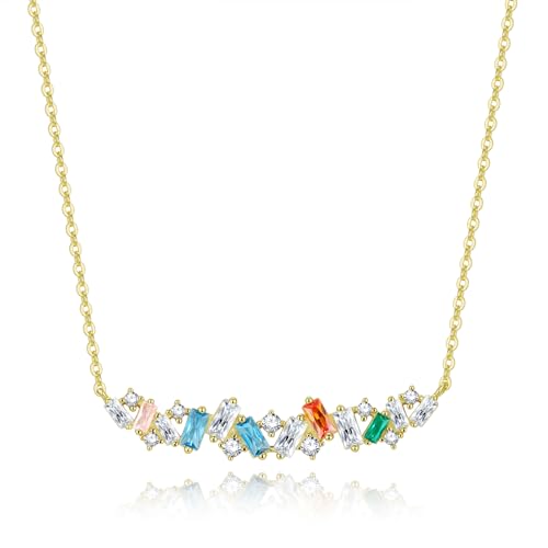 GW Kette Damen Silber 925 Vergoldeter mit Anhänger Bunt Zircon Gold Schmuck Geburtstagsgeschenk Geschenk für Frauen von GW