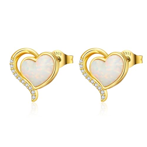 GW Opal Ohrringe 18 Karat Vergoldet 925 Sterling Silber Stecke Damen Ohrringe mit Herz Opal Zirkonia Schmuck für Damen Geburtstag von GW