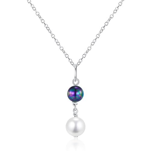 GW Perlenkette Damen Silber Kette 925 mit Perlenanhänger Schwarzen und Weißen Perlen Silver Schmuck 45+5 cm Länge, Geburtstag Geschenk für Frauen Jeden Tag tragen und für Mama Beste Freundin von GW