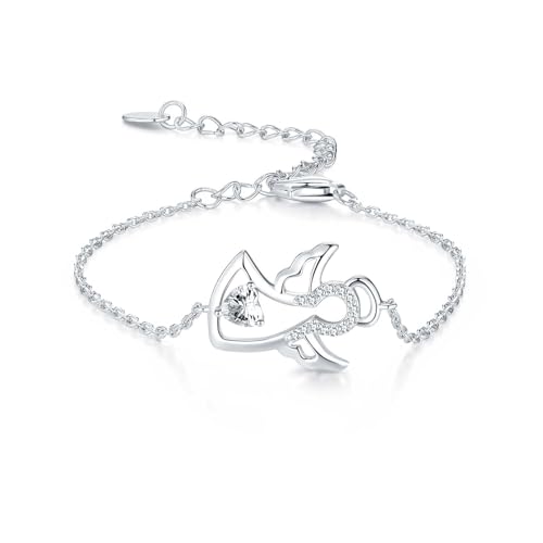GW Schutzengel Geschenk Armbänder Damen Silber 925 mit Zirkonen Anhänger, 14cm Kette + 5cm Verlängerung, Glaubensschmuck für Jeden Tag von GW