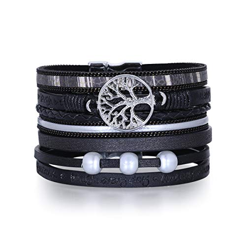 Leder Wrap Armband für Frauen Multi Rope Armbänder Manschette Handmade Bohemian Armkette Bracelets (Schwarz) von GW