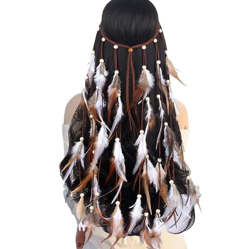 GWAWG 1 Stück Boho Feder Stirnband Extra Lange Version Indische Haarschmuck Feder Kopfschmuck in Kaffee und Weiß für Strand Maskerade Karneval Festival für Mädchen Frauen von GWAWG