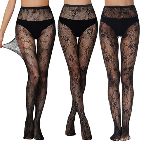 GWAWG Damen Netzstrumpfhose 3 Paar Schwarz Gemustert Spitze Fischnetz Hohe Taille Strumpfhose für Frauen, Schwarz von GWAWG