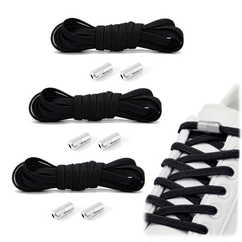 GWAWG 3 Paar Schnürsenkel Ohne Binden Elastische Schnürsenkel mit Metallschnallen für Erwachsene und Kinder für Turnschuhe Wanderschuhe (Schwarz) von GWAWG