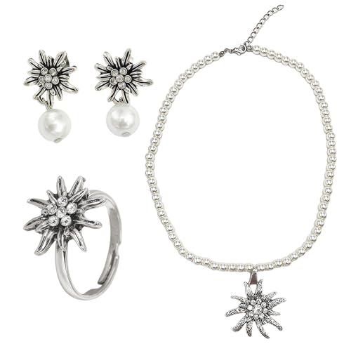 GWAWG 4 Stück Trachtenschmuck Set Trachtenkette mit Strass Edelweiß Herz Anhänger Trachtenschmuck Damen Set Edelweiß Armband und Edelweiß Ohrstecker Bayerisch Dirndlschmuck Trachtenkette von GWAWG