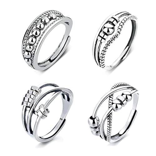 GWAWG 4 x Anxiety Rings for Women, Silver Stress Relief Spinner Ring with Beads, Adjustable Open Fidget Ring for Teen Girls, Plastic, Alloy von GWAWG