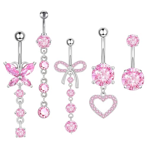 GWAWG 5 Stück Bauchnabelpiercing Set Rose Silber, Bauchnabelpiercing Chirurgenstahl mit Schmetterling & Herz, Bauchpiercing Schmuck für Damen, Fake Bauchnabelpiercing Geschenk Idee von GWAWG