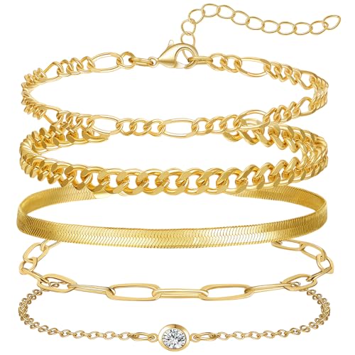 GWAWG 5 Stück Goldene Armreifen für Damen,14K Vergoldet, Verstellbare Boho-Armbänder mit Twist & Schlangen-Design, Kubanische Büroklammer-Armreifen als Schmuck für Frauen Mädchen von GWAWG