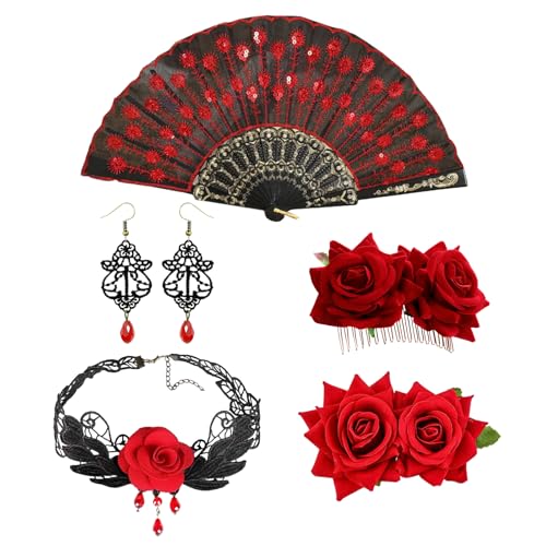 GWAWG 5 Stücke Rosenblumen-Haarschmuck Mit Flamenco-Faltfächer Für Spanisches Kostüm-Set,Passend Für Damen Flamenco Tänzerinnen Mit Blumen Haarschmuck Rot,Tag der Toten-Accessoires von GWAWG