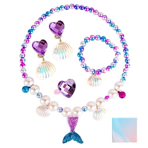 GWAWG 5PCS Meerjungfrau Schmuckset Mädchen,Meerjungfrau Kinderschmuck Enthalten Halskette, Ringe, Armbänder, Ohrring，Mädchen Geburtstag, Charakter Kleid Schmuck Set von GWAWG