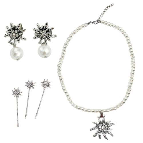 GWAWG 6 Stück Trachtenschmuck Set Trachtenkette mit Strass weiß Halskette Ohrringe Haarklammer Dirndl Schmuck Trachten Schmuck für Damen für Damen Bierfest Trachten Dirndl Outfit Accessoires von GWAWG