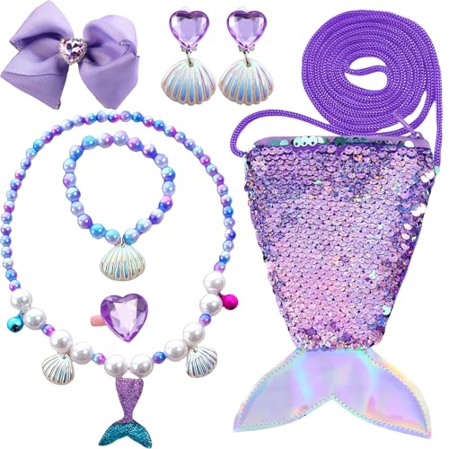 GWAWG 7 Stück Meerjungfrau Kinder Schmuckset Mädche Kinderschmuck Enthalten Halskette Ringe Armbänder Ohrring Schleife Meerjungfrauenflosse Mädchen Tasche für Party Dress Up Geschenk Mädchen ab 3 Jah von GWAWG
