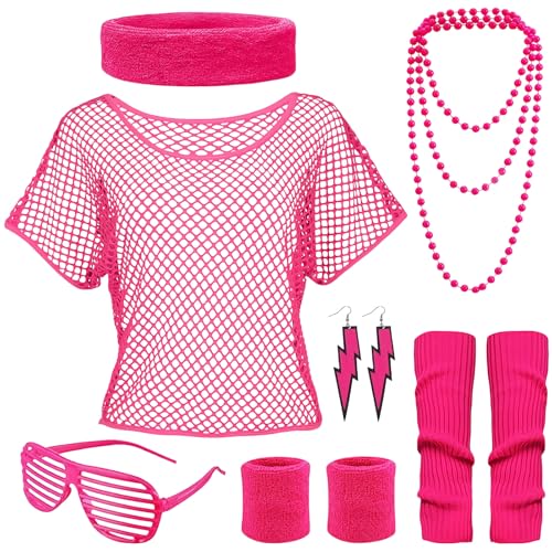GWAWG 90er Jahre Outfit Damen | Netzoberteil Pink | Flashdance Party Set mit Netzshirt, Beinwärmer, Halskette | Retro Kostüm für 80er/90er Themenpartys von GWAWG